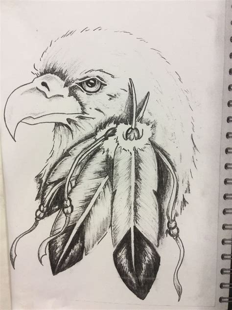 a drawing of an eagle with a feather on it's head