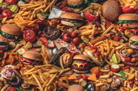 Premium Photo | A large pile of junk food including hamburgers, fries, and a burger.