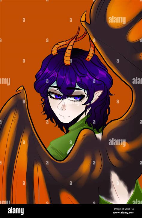 Anime demon girl with 3 horns and wings Stock Photo - Alamy