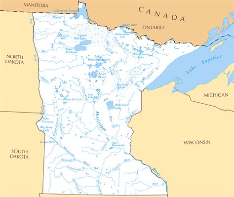 Large rivers and lakes map of Minnesota state | Minnesota state | USA ...