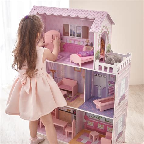 Teamson Kids - Fancy Mansion Kids Large Wooden Dollshouse Dolls House with 13 pcs Furniture fits ...
