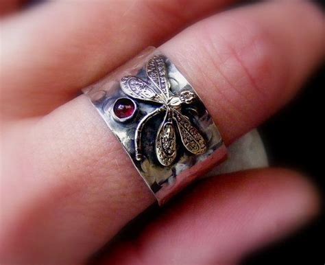 Silver Dragonfly Hammered Rustic Ring With Garnet Wide Band | Etsy ...