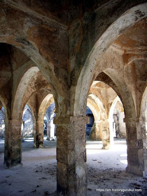 The Great Mosque of Kilwa Kisiwani, made of coral stones is the largest Mosque of its kind ...