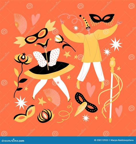 People in Italian Theater Costumes. Vector Illustration with Venetian Carnival Characters, Masks ...