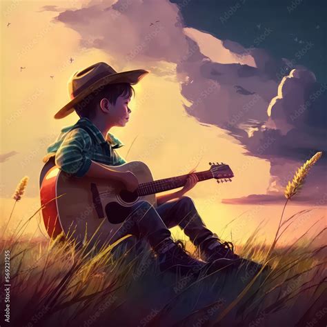 Boy playing guitar sitting on the grass field with sky view. Guitar boy ...