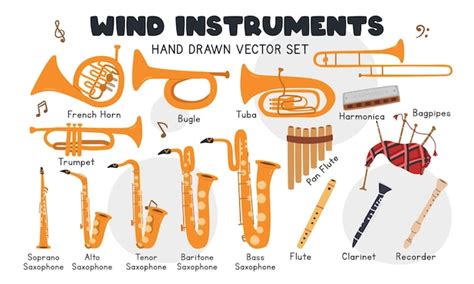 Premium Vector | Wind instruments vector set. Trumpet, bugle, trombone ...