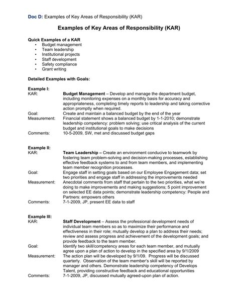 Doc D: Examples of Key Areas of Responsibility (KAR