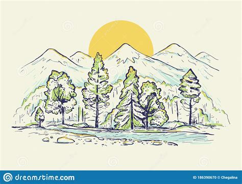 Sketch of a High Mountain Ranges with Forest, River, Sunrise or Sunset. Landscape Stock Vector ...