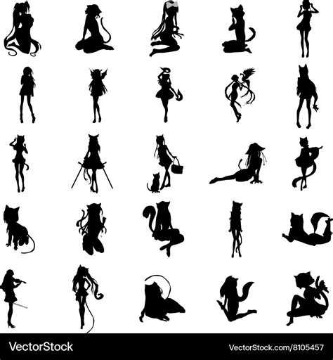 Anime girl silhouette set Royalty Free Vector Image