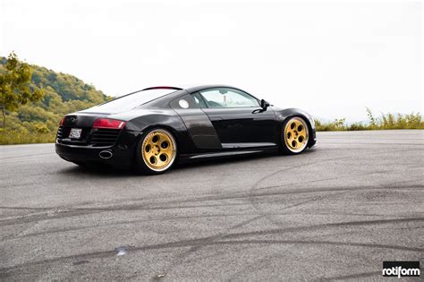 Gold Rotiform Wheels With Polished Lips Fitted on Black Audi R8 — CARiD.com Gallery