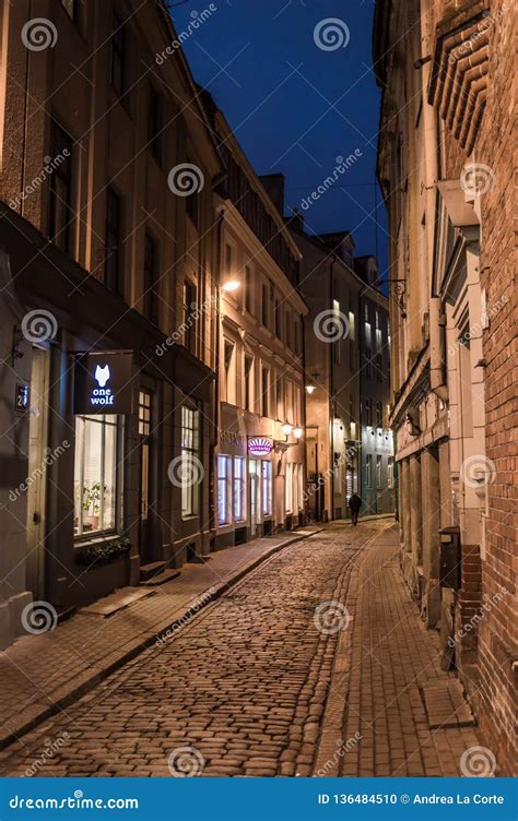 Streets of Old Riga at Night Editorial Image - Image of architecture ...