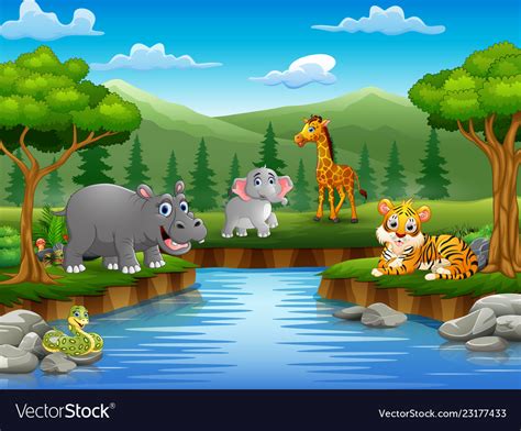 Animals cartoon are enjoying nature by the river Vector Image