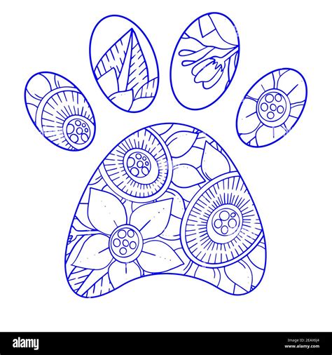Silhouette of biue dog paws in circle with doodle abstract flowers and leaves. Vector ...