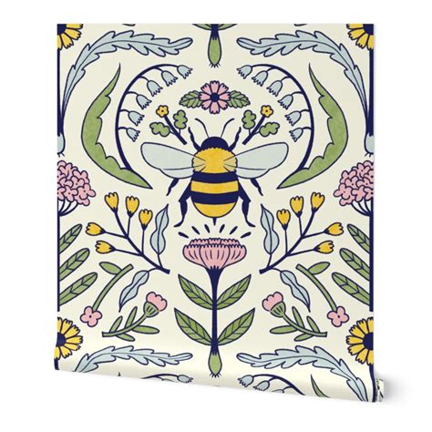 Watercolor bee and wild flowers, medium Wallpaper | Spoonflower