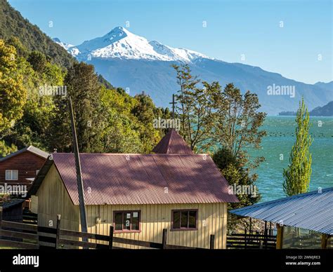 Farm and chapel at the Reloncavi fjord southeast of Puerto Montt ...