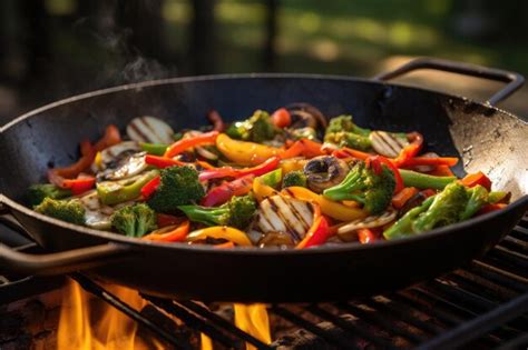 Premium AI Image | Wok on an outdoor grill with stirfried veggies