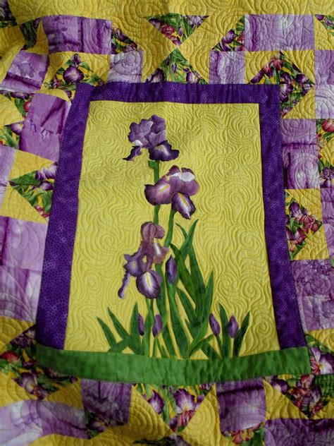 The custom quilting on the Iris Garden quilt is exquisite!! thank you Peggy | Iris embroidery ...