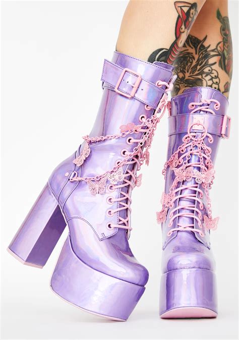 Club Exx Holographic Butterfly Chain Platform Boots Purple | Dolls Kill