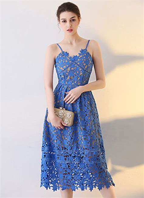 Royal Blue Lace Spaghetti Straps Tea Length Prom Dress, Party Dress | Sleeveless blue prom dress ...