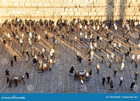 Aerial View of Jewish People Praying in the Western Wailing in Jerusalem Old City Israel ...