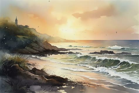 watercolor painting of a coastal scene, including rolling waves, sandy beaches, and a colorful ...