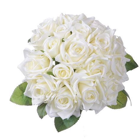 Artificial Flower Rose Bouquet 1Pack Fake Flower Silk Plastic Artificial White Rose 9 Bridal ...