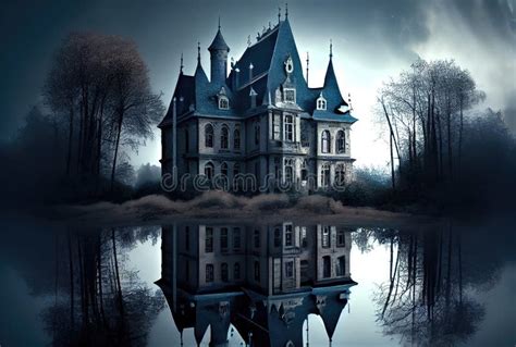 Haunted House Old Abandoned Spooky Castle on the Lake Island. Halloween and Horror Concept Stock ...