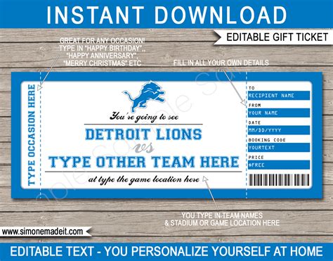 Detroit Lions Game Ticket Gift Voucher | Printable Surprise Football Tickets