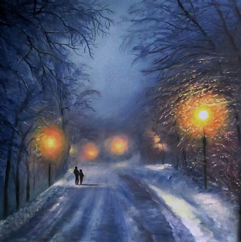 Winter Night Walk Oil Painting, Painting by Natalja Picugina | Artmajeur