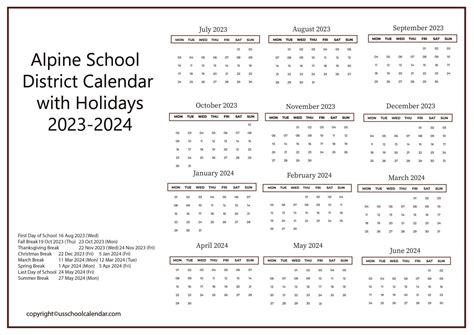 Alpine School District Calendar with Holidays 2023-2024