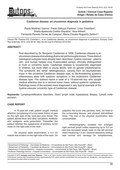 (PDF) Castleman disease: an uncommon diagnosis in pediatrics