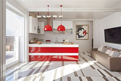 Kitchen With Red And White Colors On A Large White Tiled Floor ...