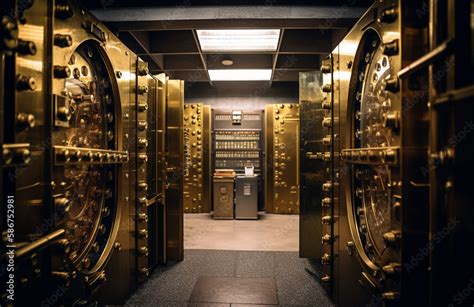 Safe deposit boxes room in bank vault. Inside in Bank vault room with Dollars and euro money ...