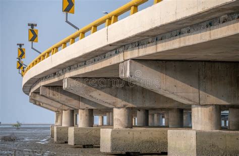 Structure of Reinforced Concrete Bridge Along the Sea. Bottom View of Concrete Bridge. Concrete ...