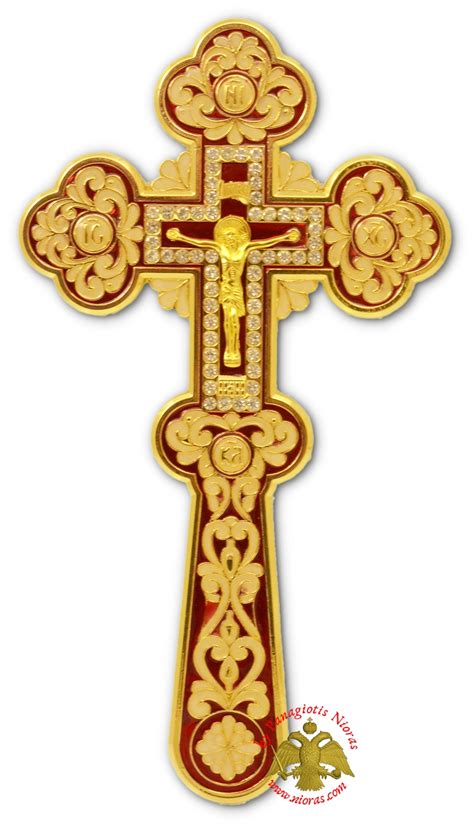 Orthodox Blessing Cross Enamel Red Coloring With Stones Gold Plated 10x22cm, Blessing Crosses ...