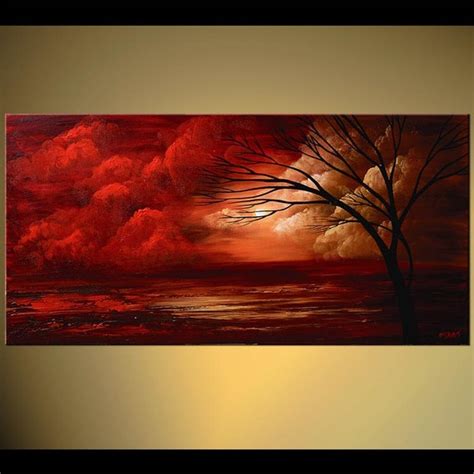 Red Gorgeous Landscape Painting Clouds Sunset Sunrise Tree