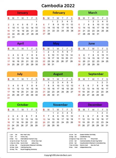 Free Printable Cambodia Calendar 2022 With Holidays