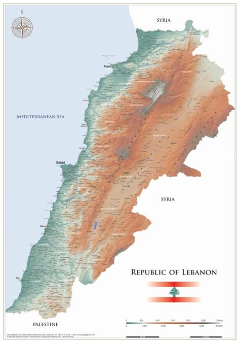 Physical map Lebanon map colors reliefs, spots fheights rivers