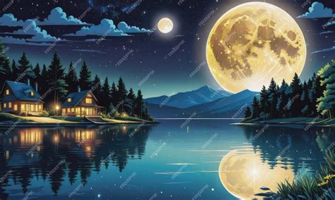 Premium AI Image | A lake at night with a full moon and stars in the sky