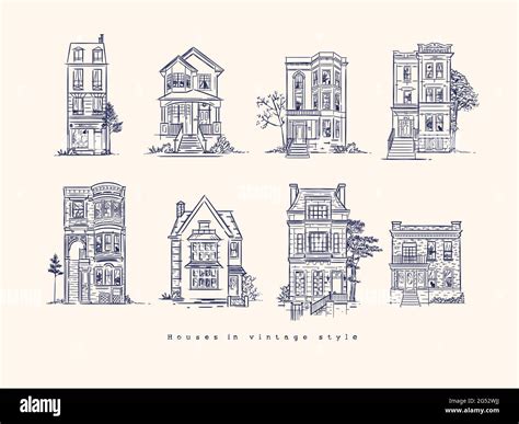 Set of houses drawing in old fashioned vintage style with dark blue color Stock Vector Image ...