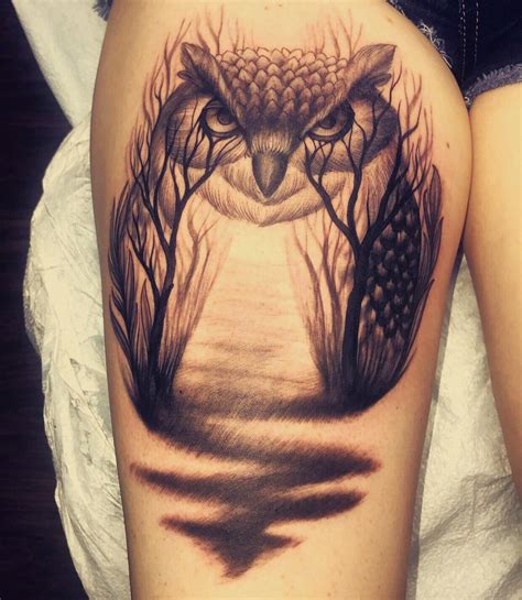 Fresh spooky owl thigh tattoo. Wunderland Custom Tattoos in Gainesville FL, Jeffy was my artist ...