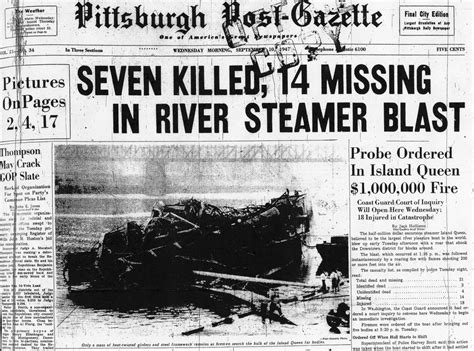 The Pittsburgh Post-Gazette front-page with a story about the Island Queen tragedy