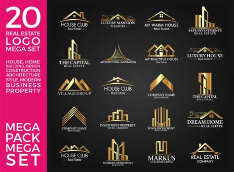 20 real estate logo set in gold color on black and pink background with ...