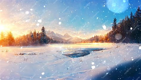 Premium Photo | Winter forest pink sunset and frozen lake snow flakes ...