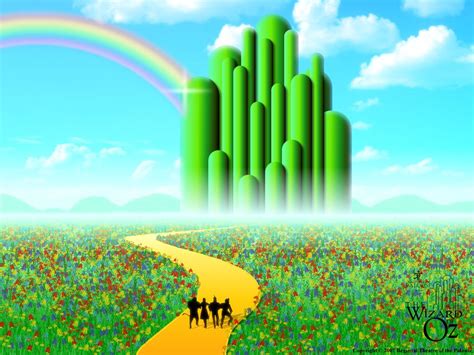 three people riding horses down a yellow path in front of a tall green building with a rainbow