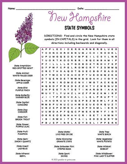 the new hampshire state symbols worksheet is shown in this purple and ...