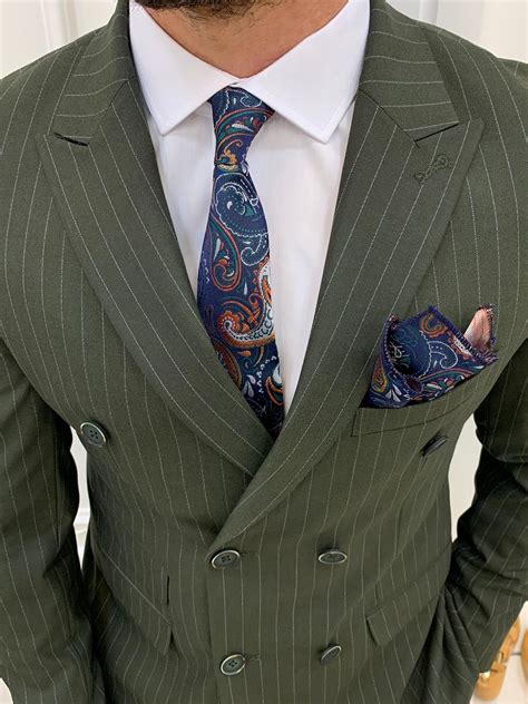 Buy Green Slim Fit Double Breasted Pinstripe Suit by GentWith.com