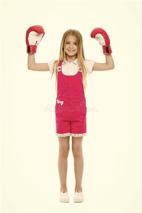 Kid Boxer Ready To Fight. Happy Girl in Boxing Gloves Isolated on White. Little Child Smile and ...