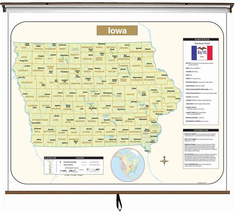 Iowa Large Scale Shaded Relief Wall Map on Roller with Backboard - The Map Shop