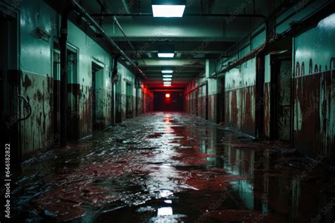 Bloody hallway, Halloween environment, horror background, sanatarium or hospital, prison Stock ...